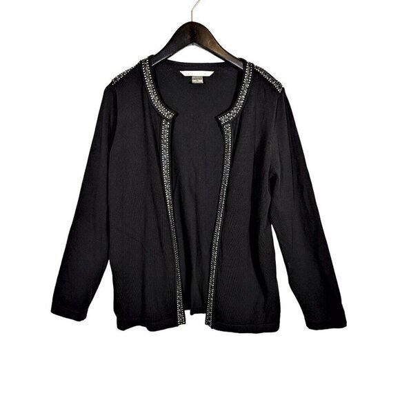Peter Nygard Sweaters - Peter Nygard Open Front Cardigan Black Knit w Rhinestone & Leather Detail Size M